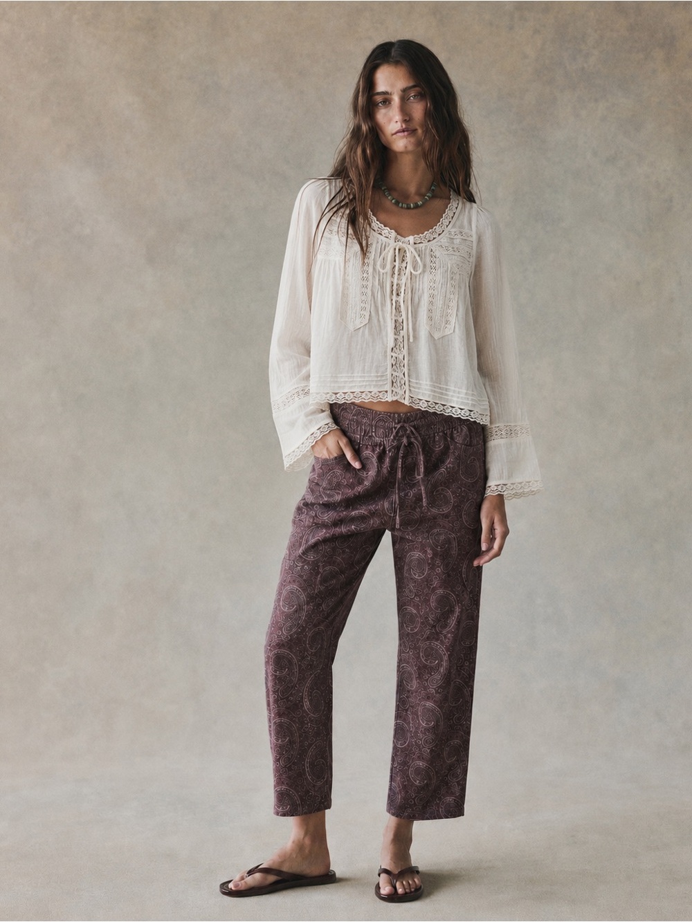 Zara Paisley Drawstring Elastic-Waist Cropped Pants - Pull Up Jeans